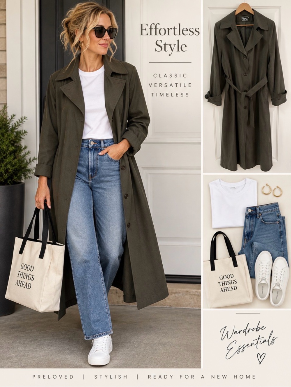 VIEMA Vintage Olive Green Maxi Trench Coat Belted Size Euro 50 (US 16W)